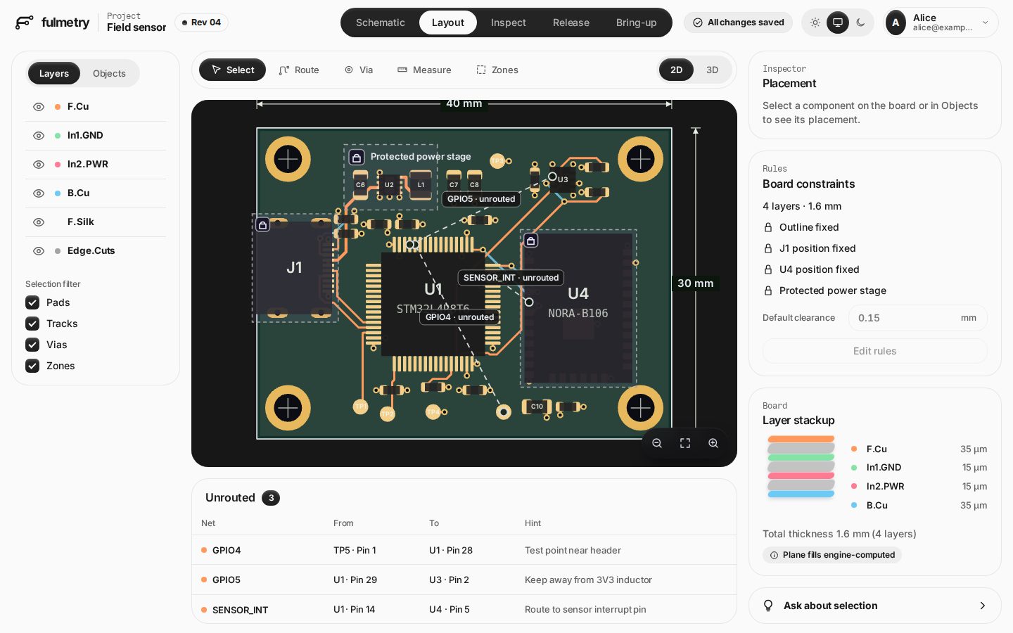 Fulmetry layout view: a four-layer field-sensor board with three unrouted nets highlighted